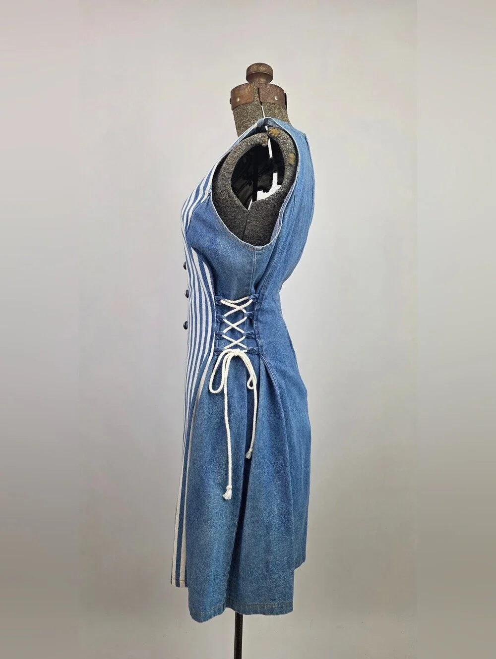 Green Box USA Vintage Women's Denim Striped Adjustable Side-Tie Dress Size L - Picture 2 of 7